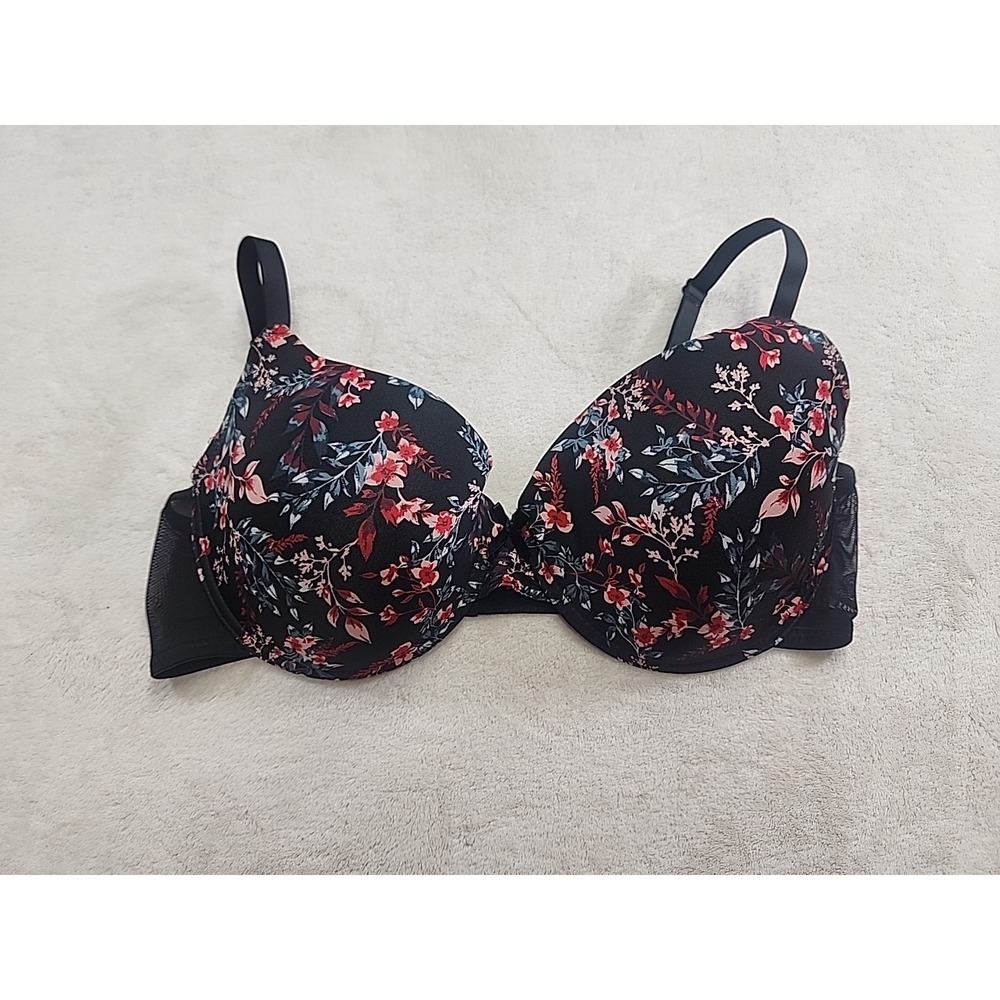 Adrienne Vittadini 42D Bra Black Floral Underwire Support Stretch padded